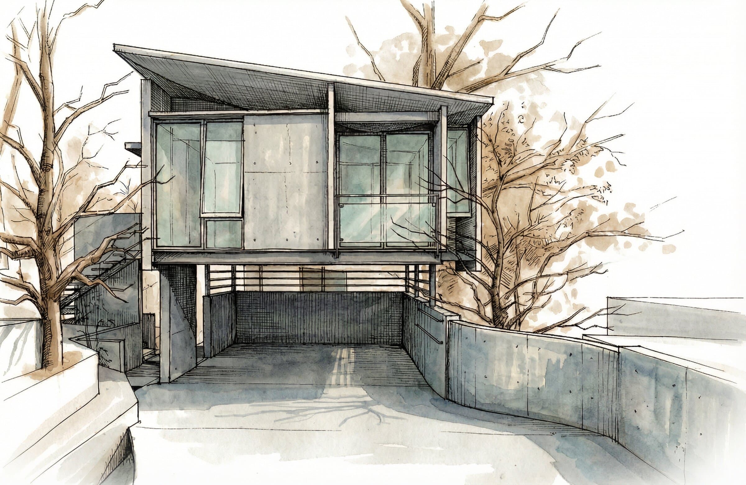 The studio from the street approach, concrete and steel volumes above the carport with a single-pitch roof and controlled openings