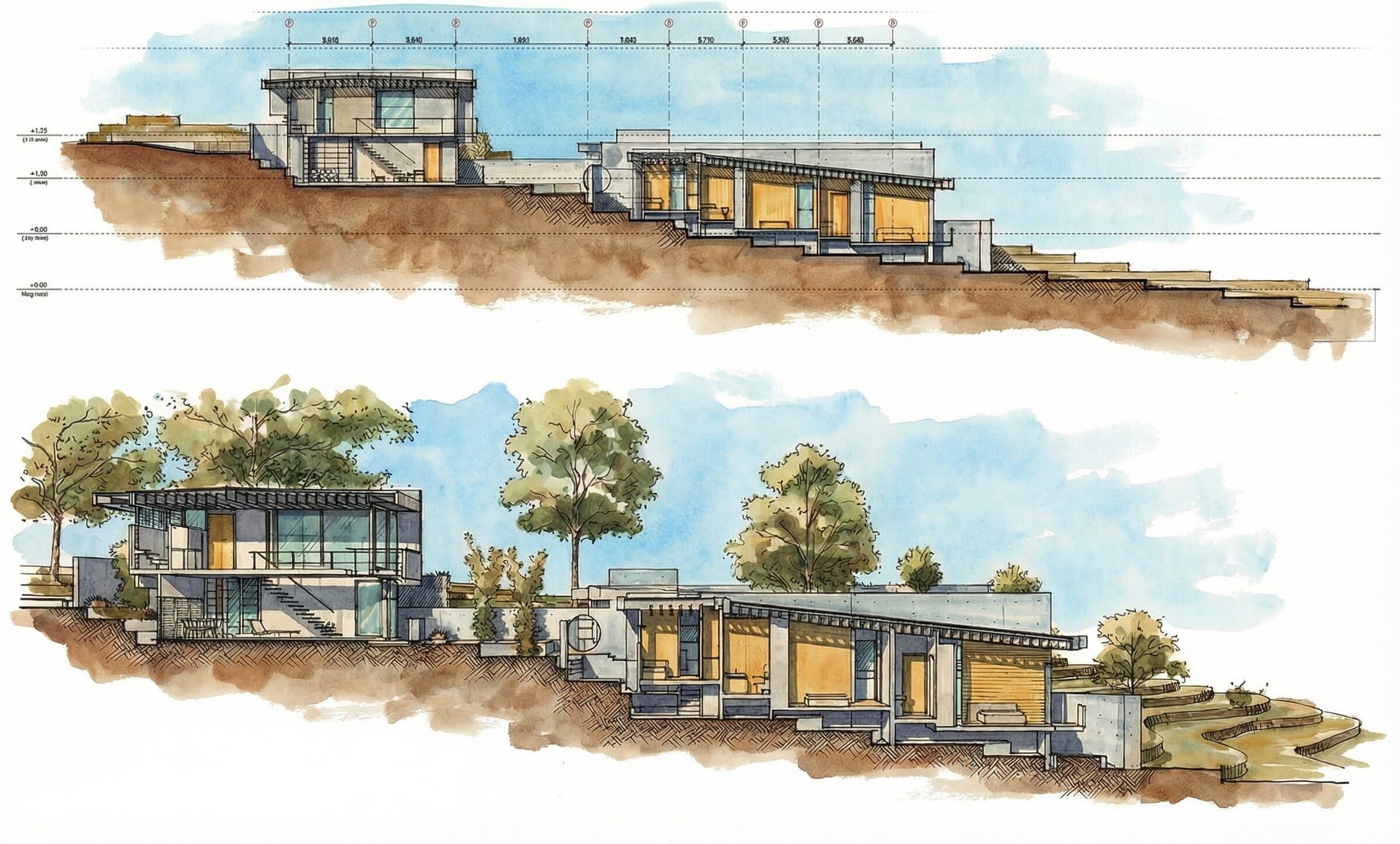 Full site cross-section and elevation showing both buildings stepping down the slope, the studio above the carport at the street and the main residence cascading into the bush below