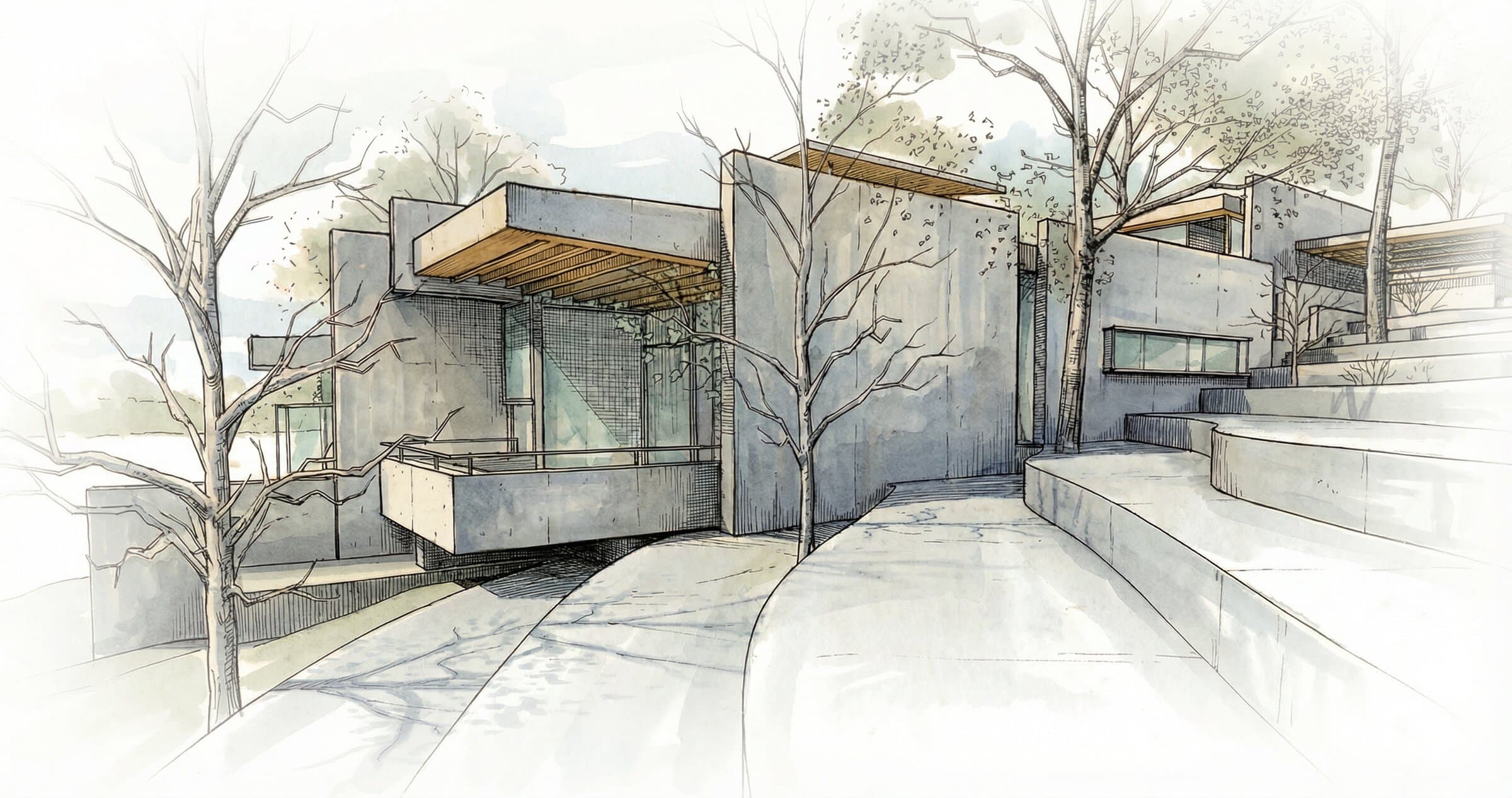 The studio entrance approach showing concrete volumes with timber awning, landscaped pathway, and the main residence visible beyond