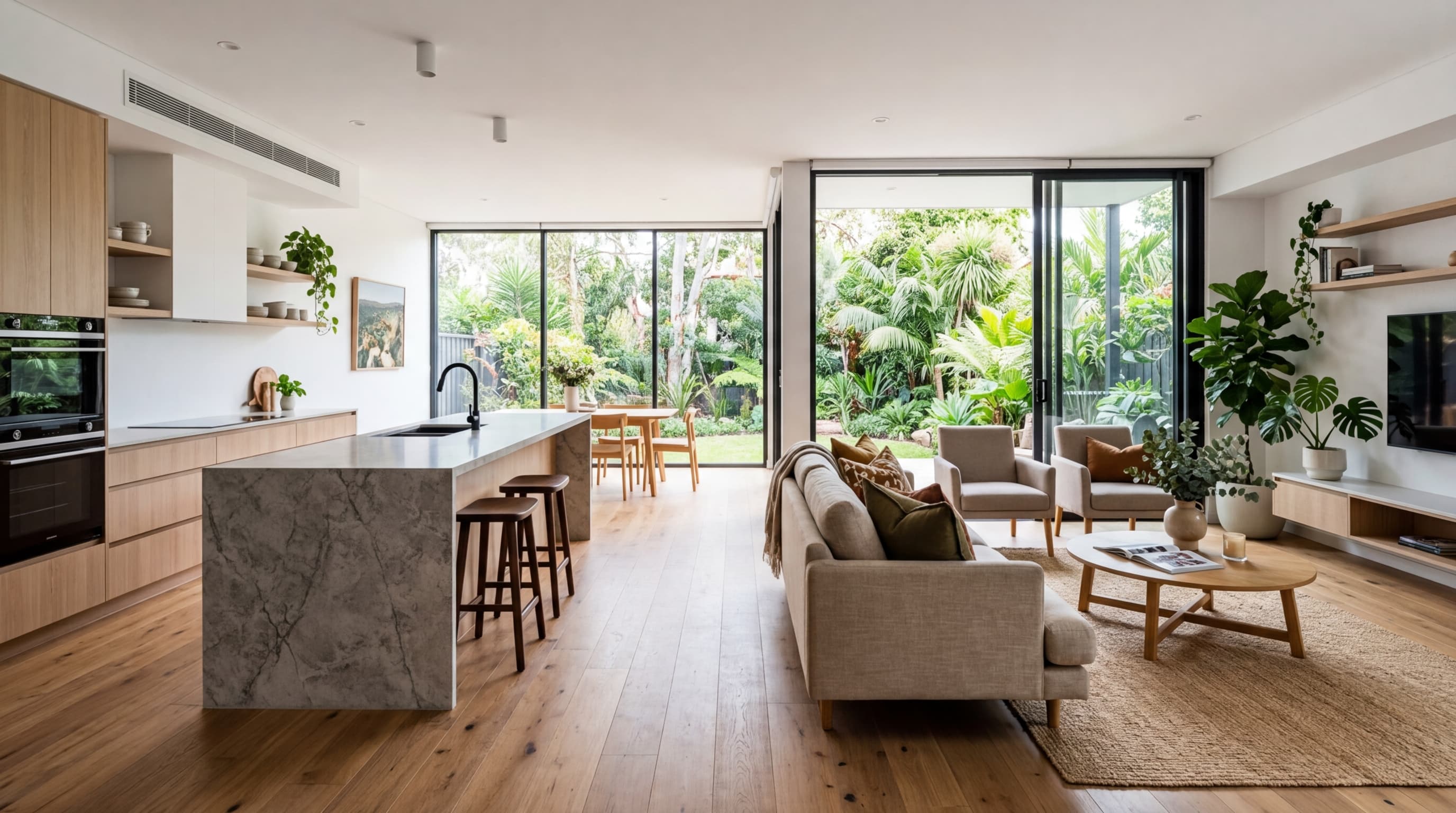 Modern open-plan kitchen and living area with natural light and timber floors