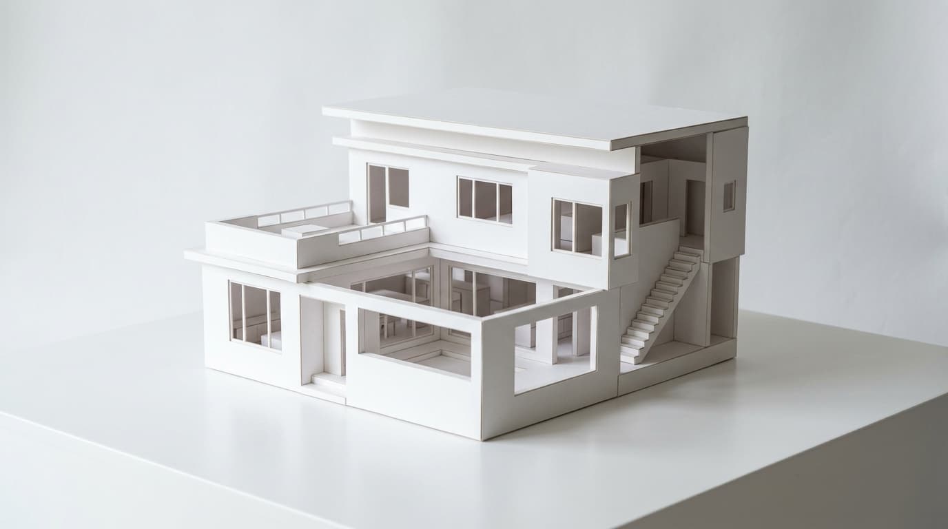 White cardboard architectural model of a two-storey residential home