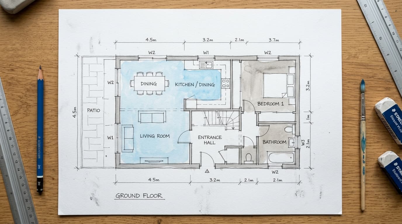 Hand-drawn architectural floor plan sketch with watercolour washes