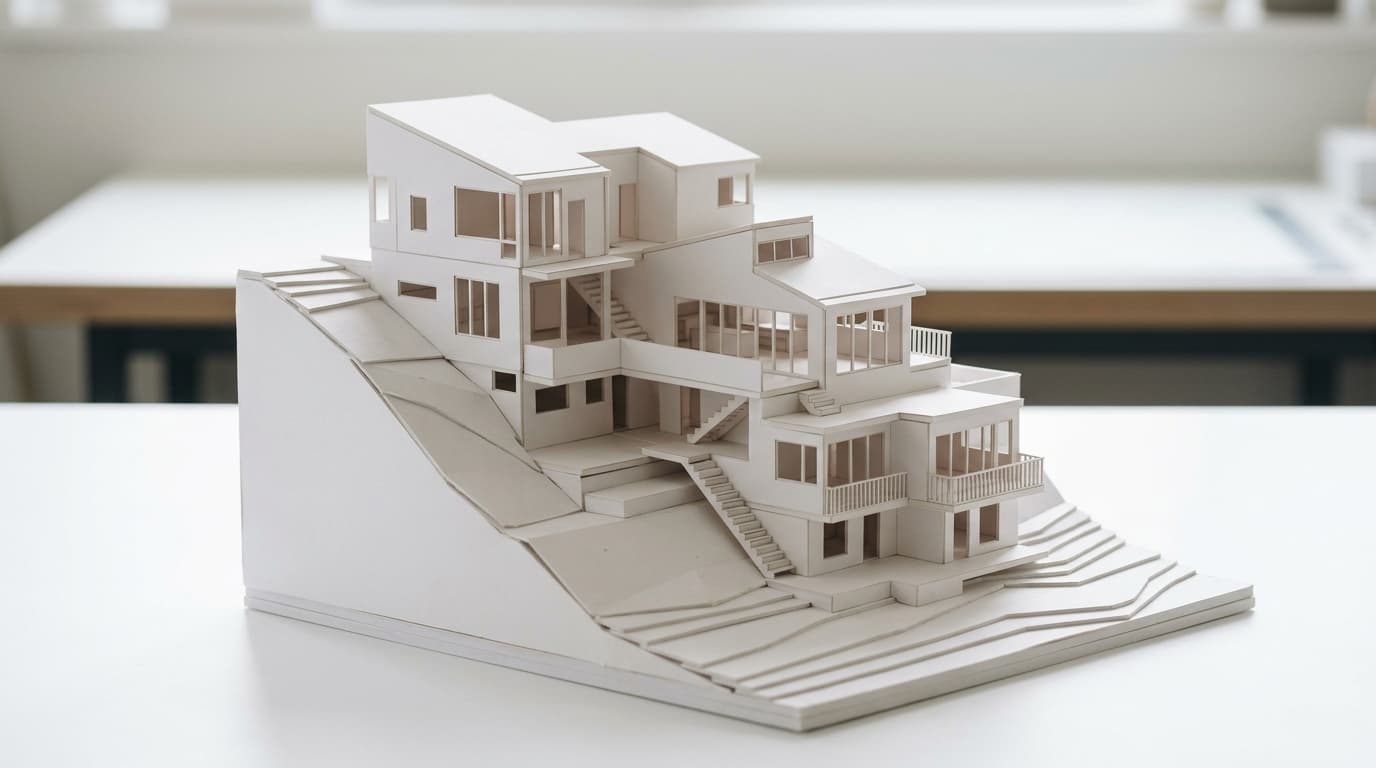 White cardboard architectural model of a multi-level home on a sloping site