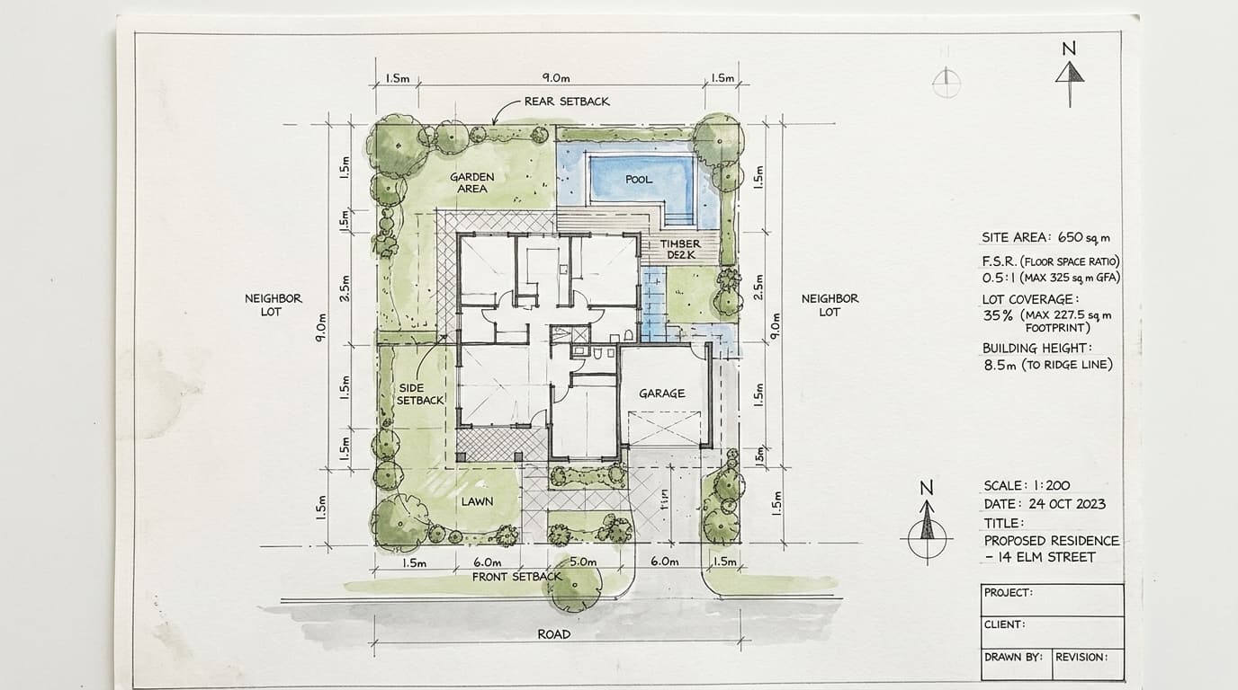 Architectural site plan sketch with watercolour washes showing setbacks and boundaries