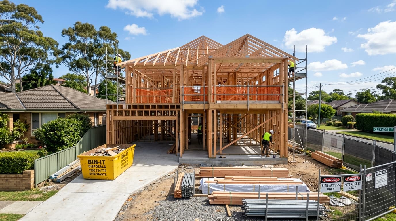 Sydney residential construction site mid-build showing timber framing