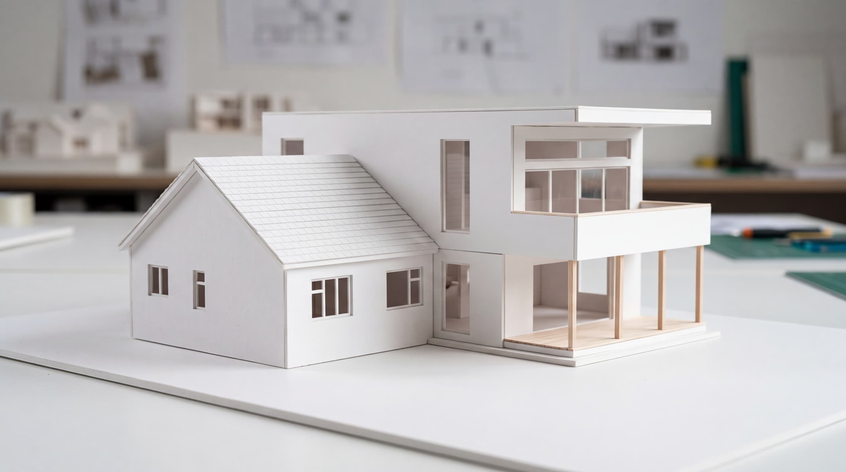 White cardboard architectural model showing a house with modern rear extension