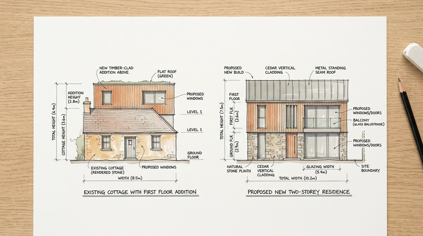 Architectural sketch comparing renovation addition and new build elevations