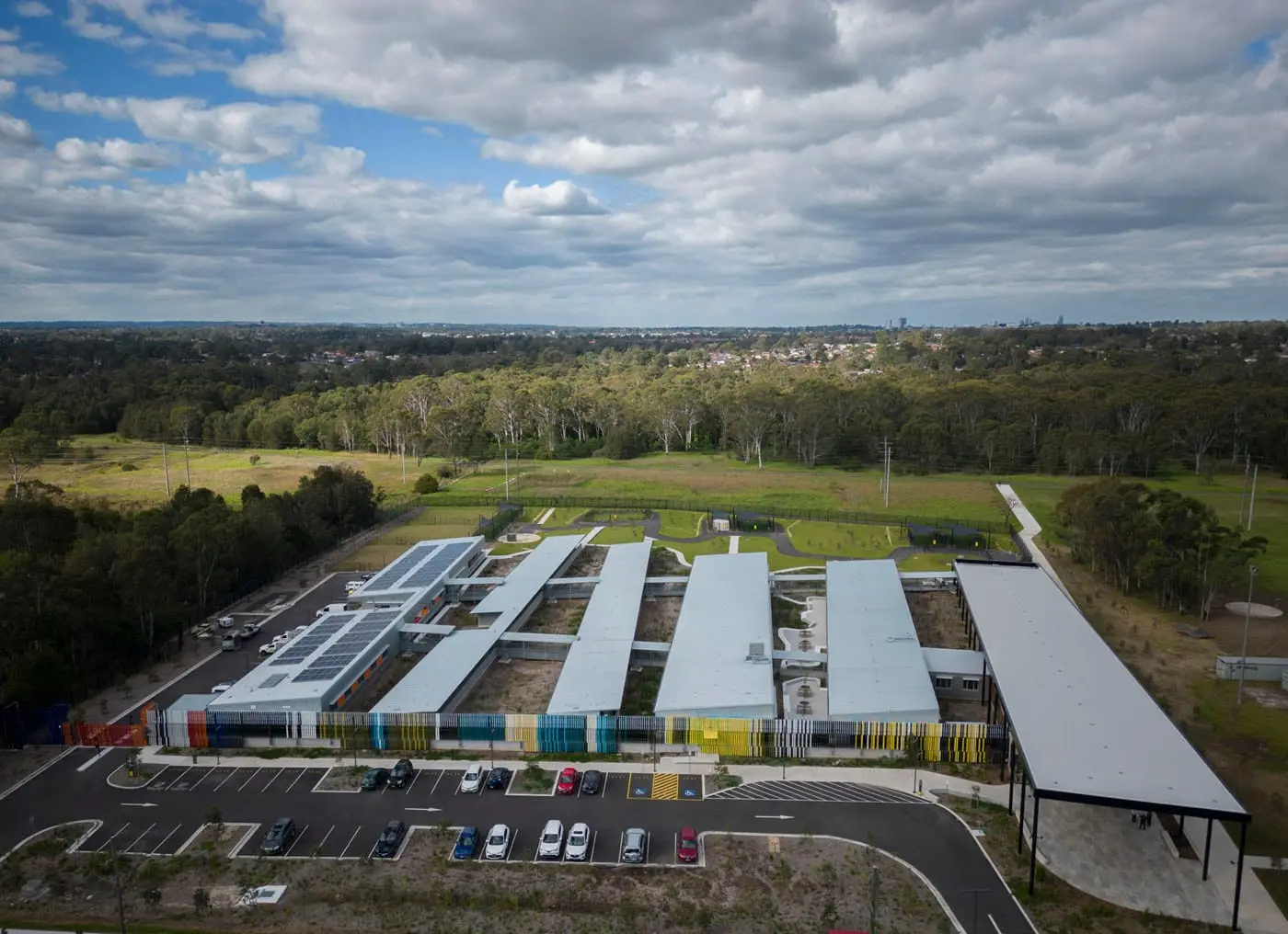 BARC, aerial view showing six kennel pavilions and landscaped grounds, Blacktown