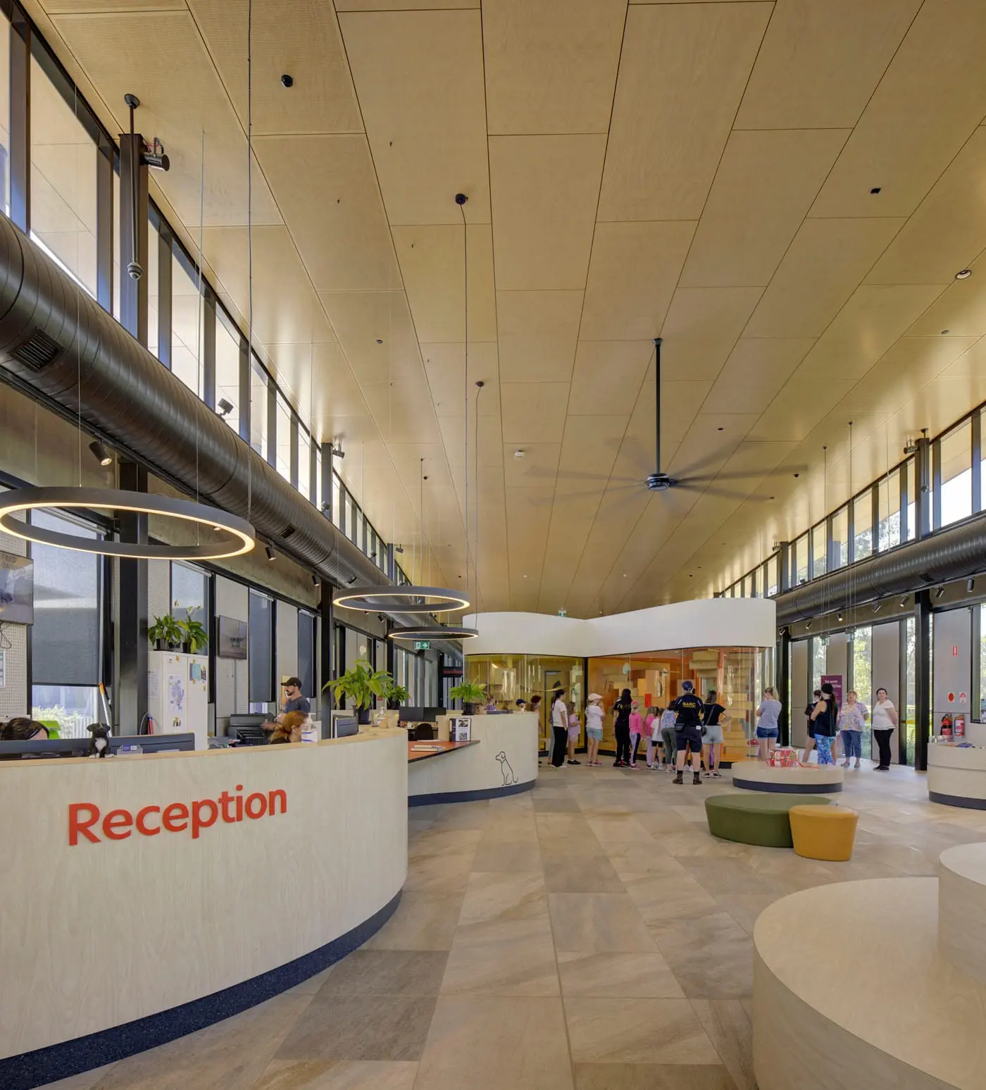 BARC, reception and public foyer, with plywood ceiling and curved adoption counters