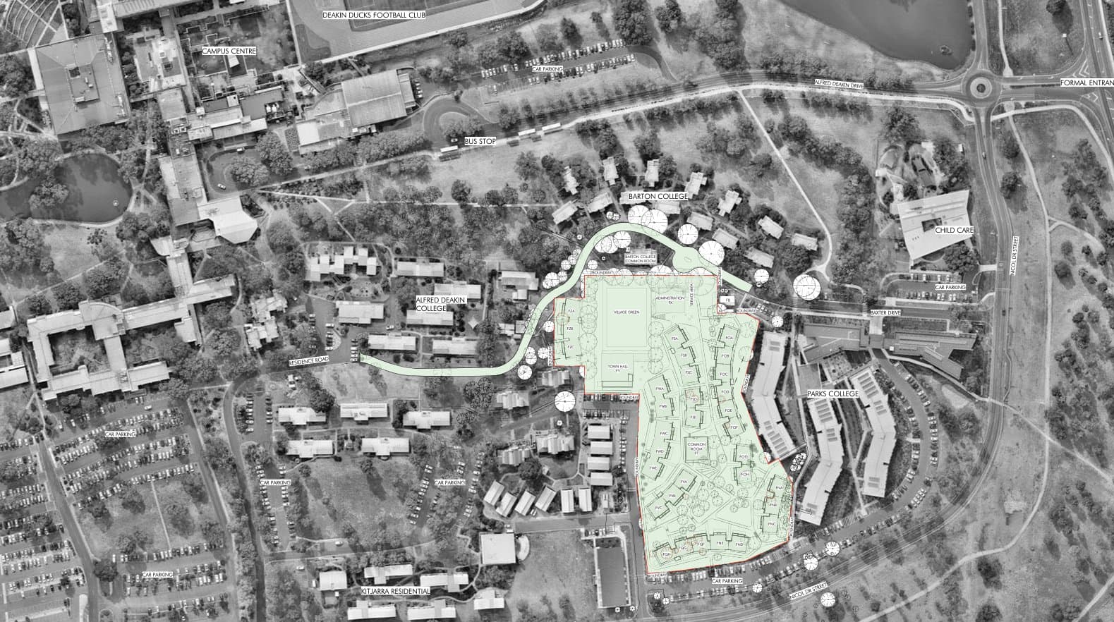 Deakin University Student Village, campus masterplan showing village precinct within Waurn Ponds campus