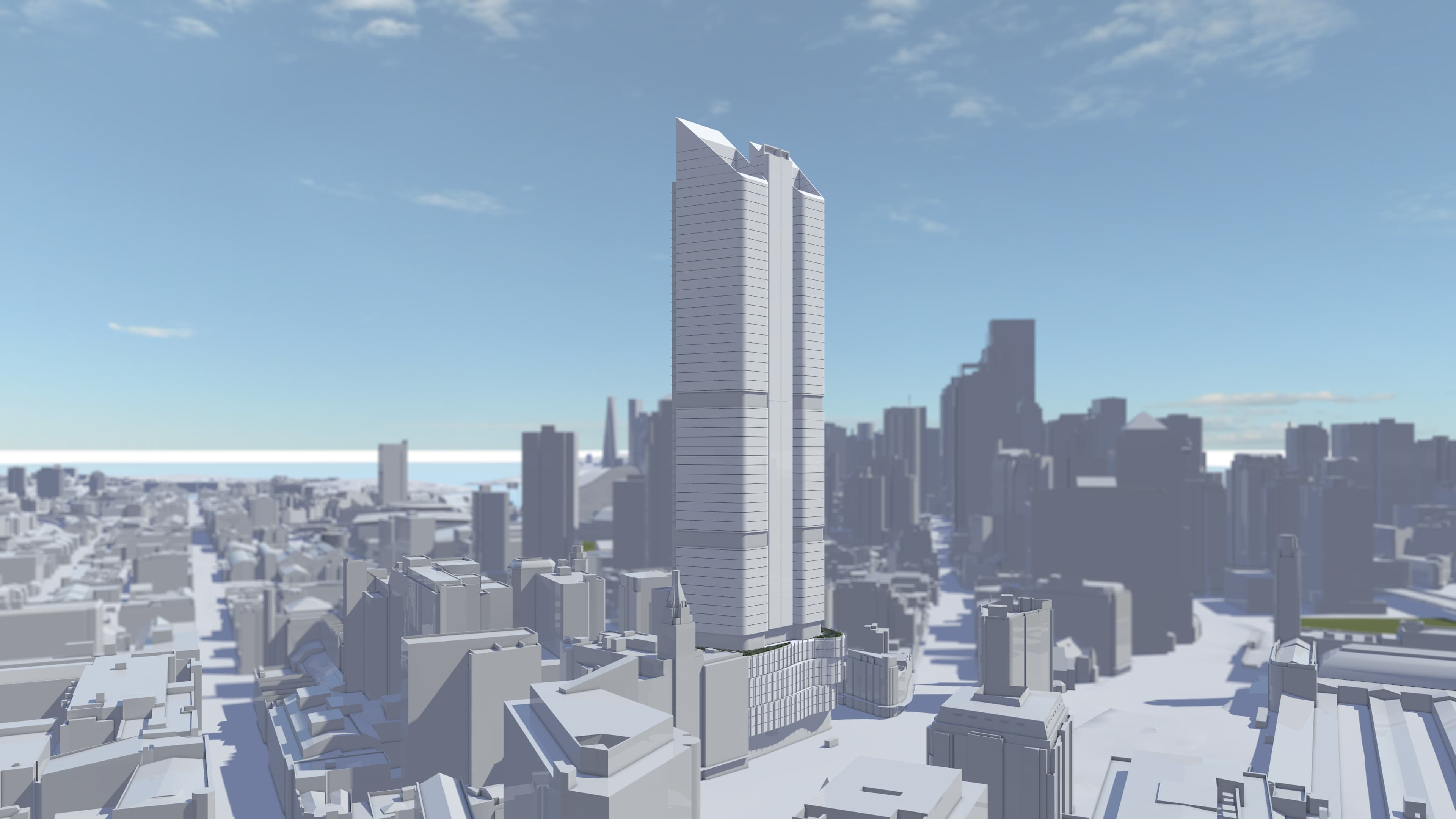 FJMT feasibility massing, aerial view from the north showing the tower within the Haymarket CBD context