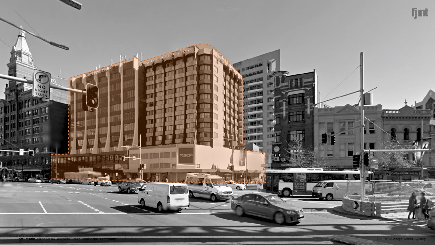 The existing Rendezvous Hotel Sydney Central at 803–813 George Street, highlighted in the Haymarket streetscape