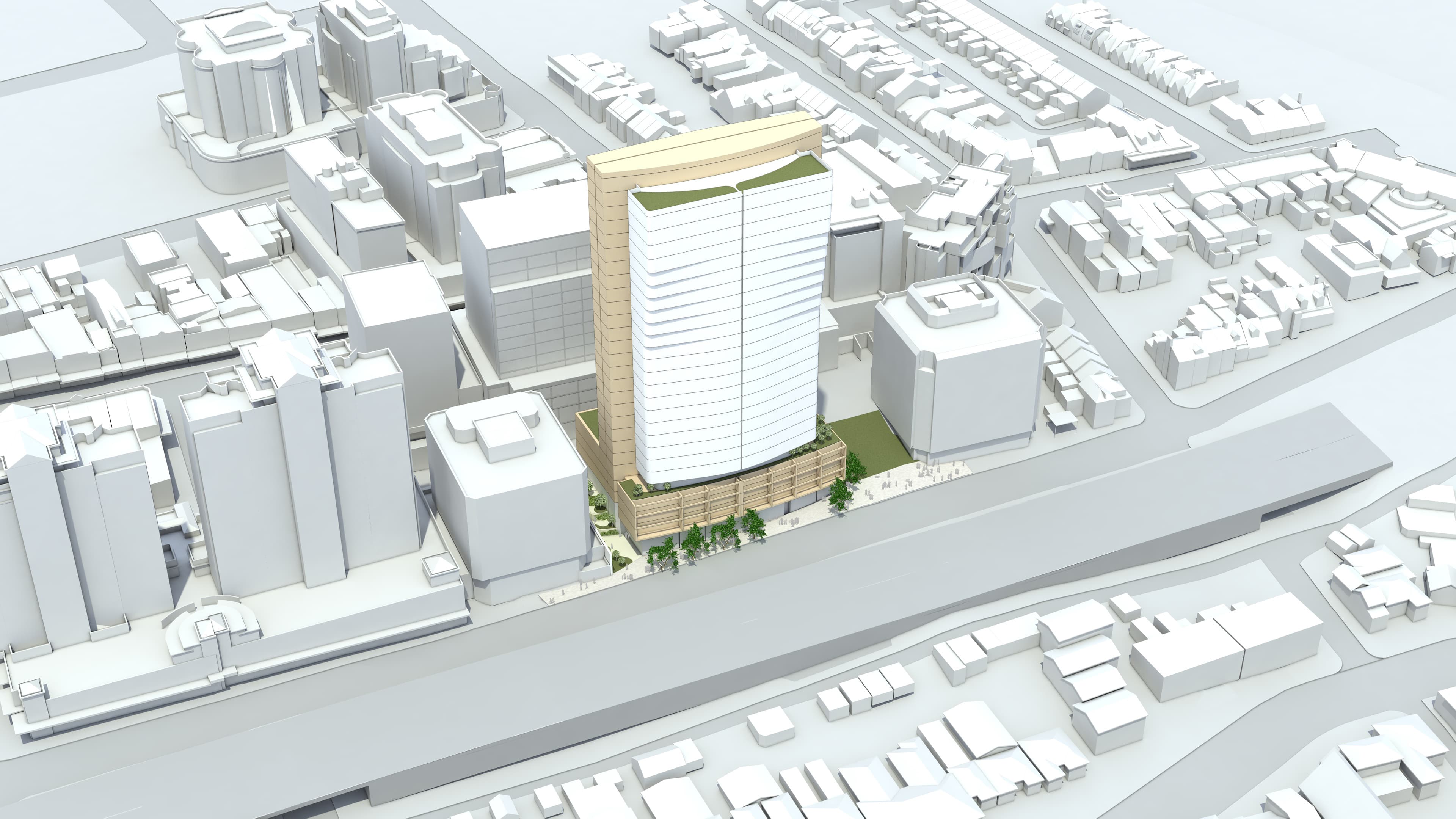 FJMT competition entry, aerial massing view showing the tower within the Bondi Junction urban context