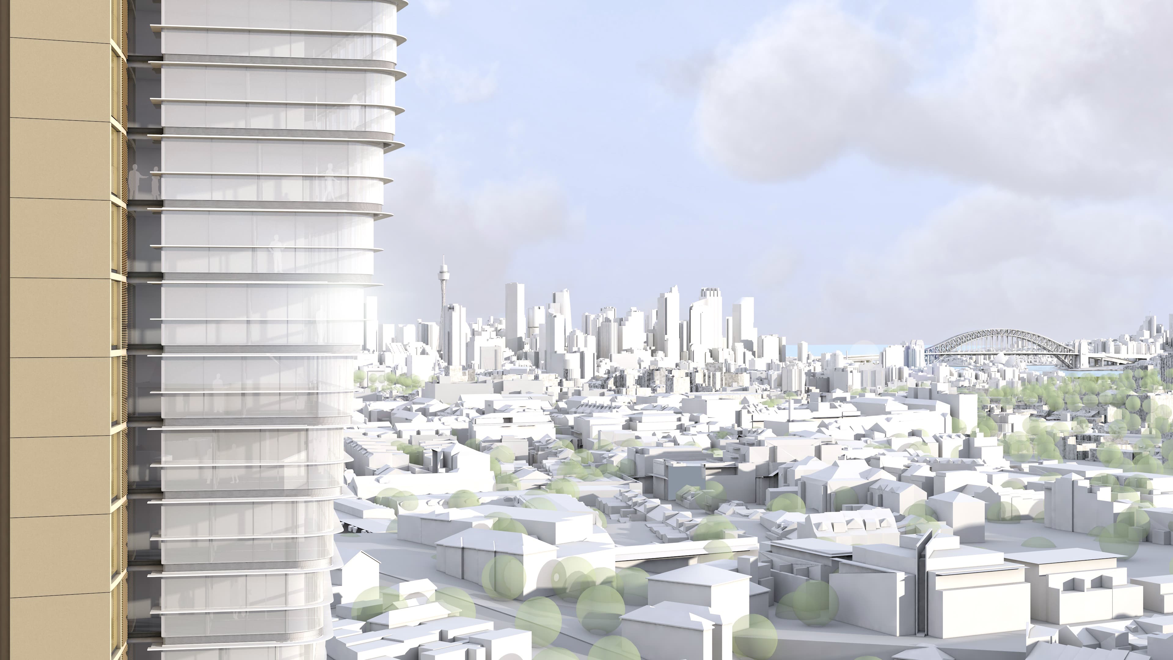 FJMT competition entry, facade detail showing the curved glass tower with horizontal shading and views toward the Sydney CBD and Harbour Bridge