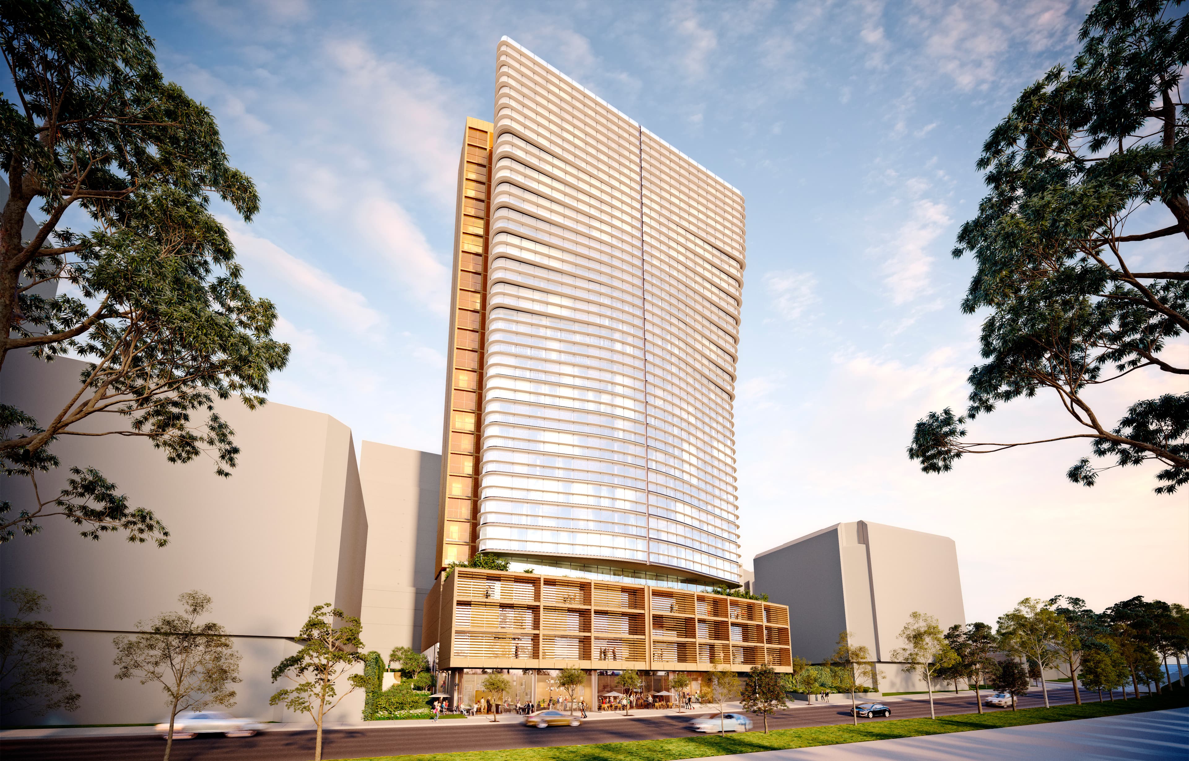 FJMT competition entry, full tower massing within the Bondi Junction skyline context