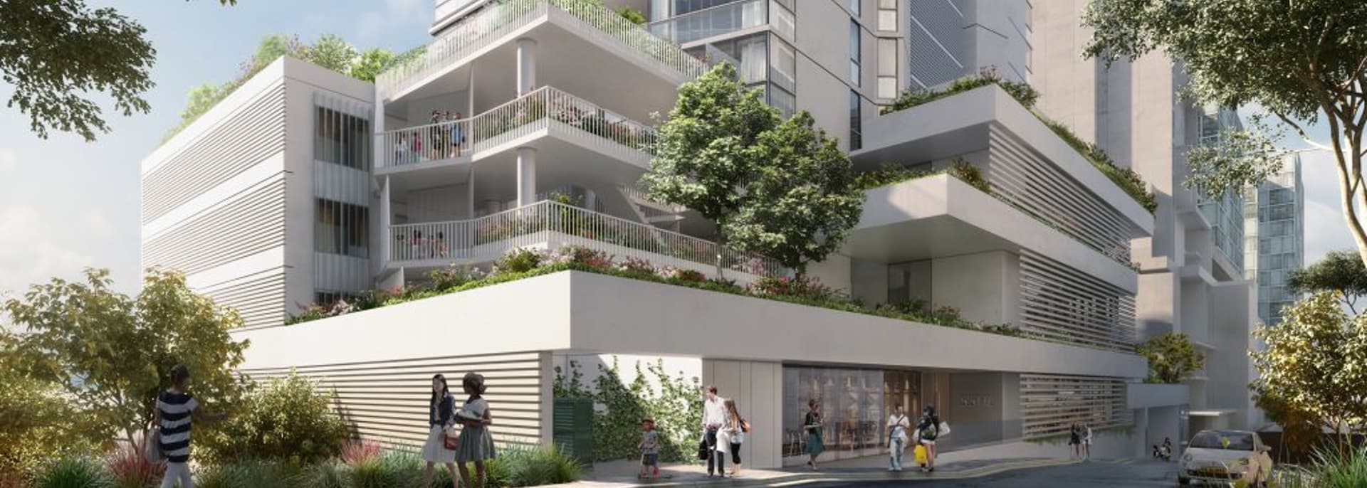 The winning scheme, podium detail showing landscaped terraces and retail activation