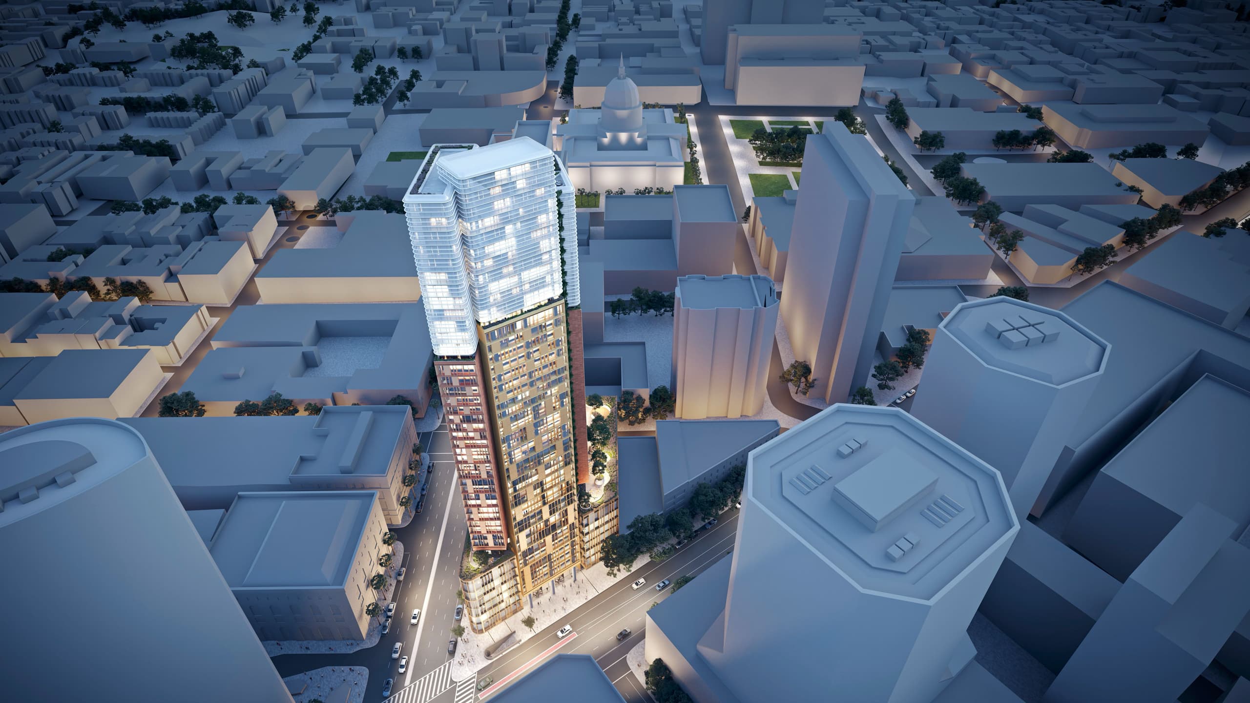 FJMT competition entry, aerial night render showing the tower within the urban grid at the Van Ness and Market corner