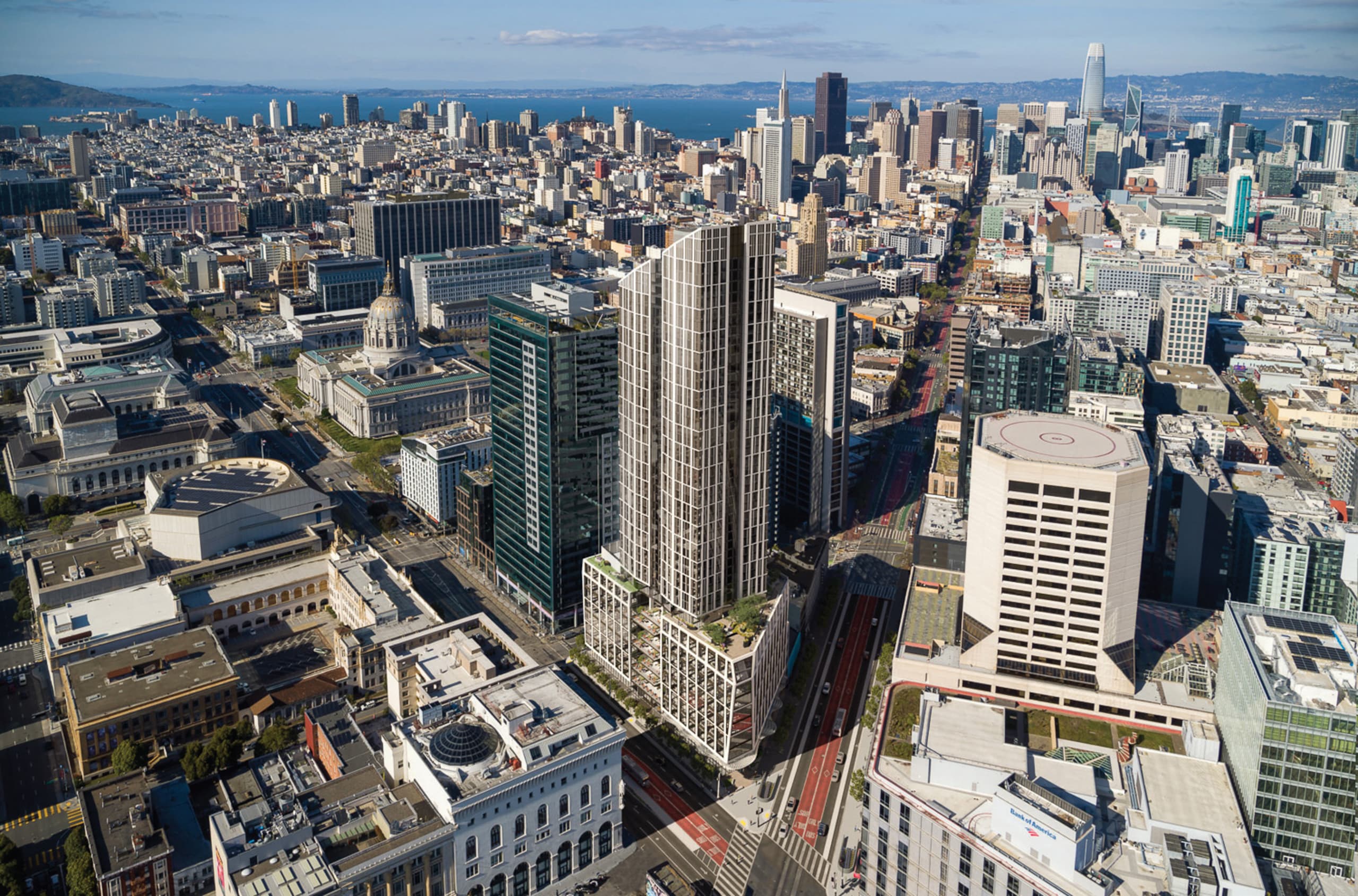 The as-approved scheme by Solomon Cordwell Buenz, aerial view showing the tower within the Civic Center context
