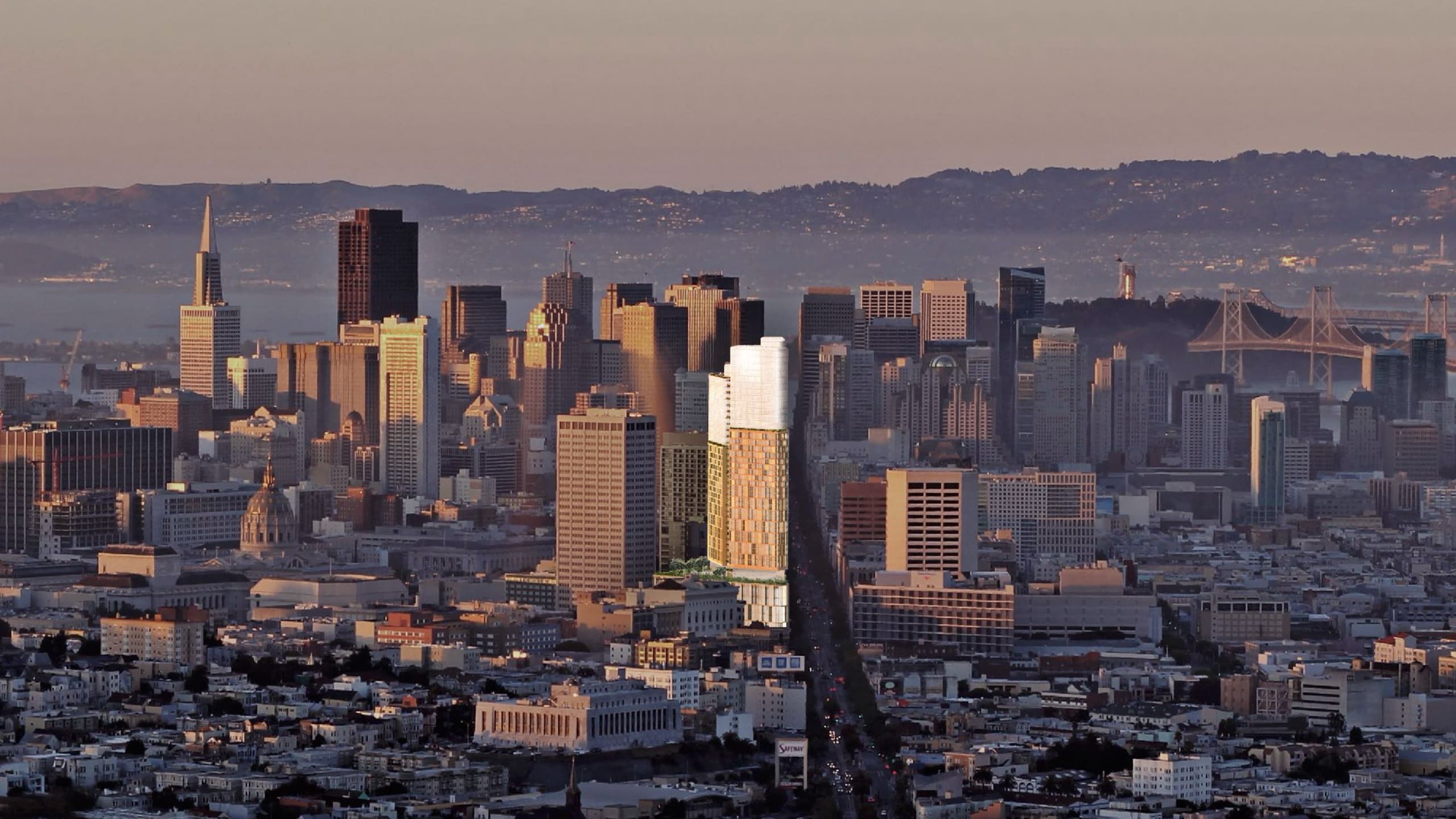 FJMT competition entry, the tower within the San Francisco skyline at golden hour, with the Transamerica Pyramid and Bay Bridge visible