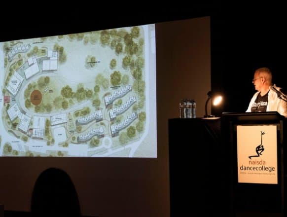 Naya Wa Yugali public launch, NAISDA CEO presenting campus vision at Carriageworks, Sydney, November 2018