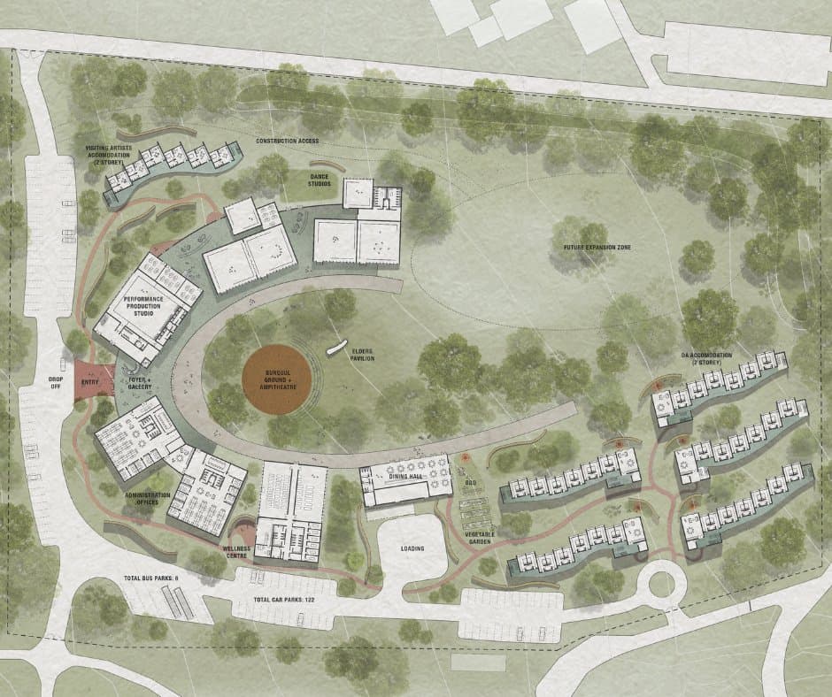 Naya Wa Yugali, campus master plan by Tonkin Zulaikha Greer Architects: dance studios, performance production studio, accommodation, wellness centre, dining hall, Elders pavilion and Bungoul Ground amphitheatre