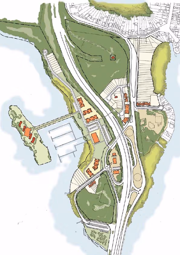 Peat Island and Mooney Mooney precinct, early planning sketch exploring circulation, waterfront access and key view corridors