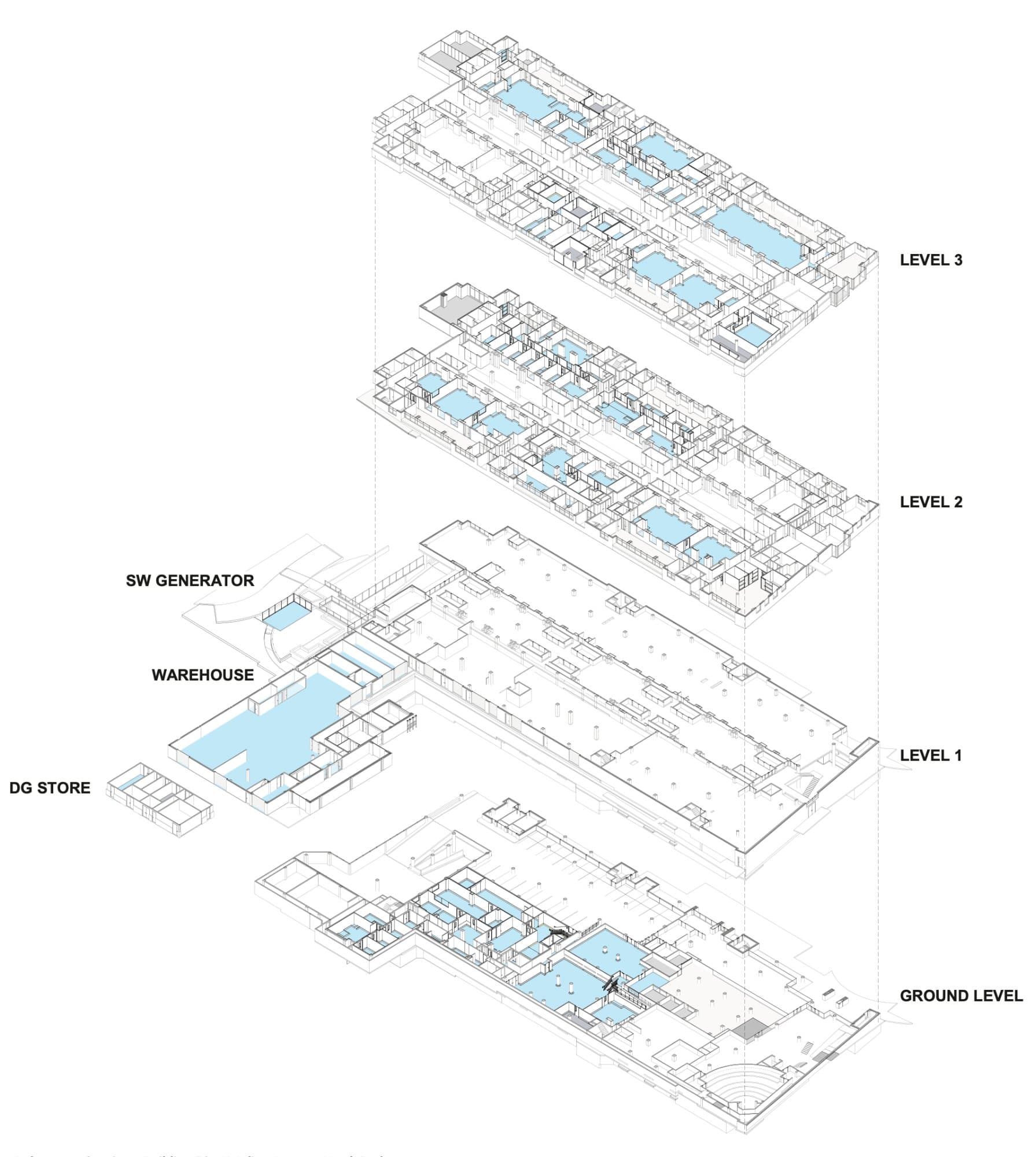 Sydney Water Laboratory, exploded axonometric drawing showing four laboratory levels, warehouse, DG store and SW generator