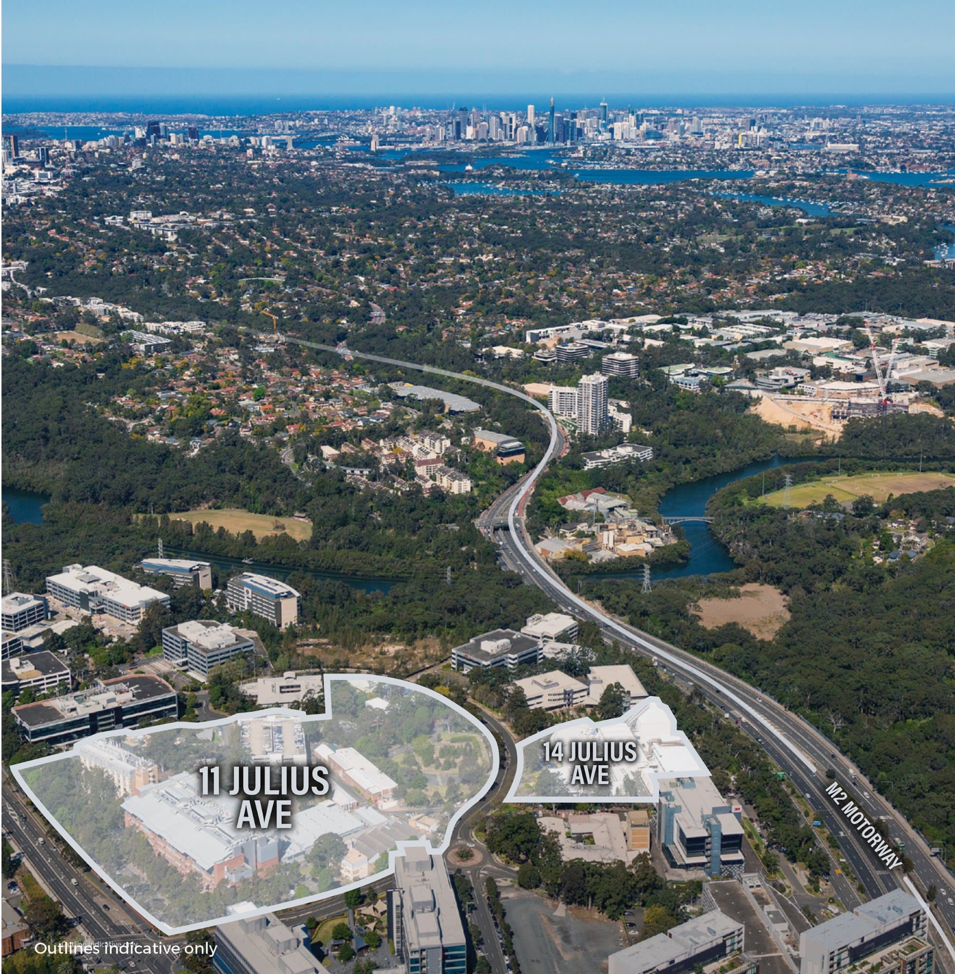 11 Julius Avenue and 14 Julius Avenue, North Ryde, aerial context showing M2 Motorway corridor and Sydney CBD skyline