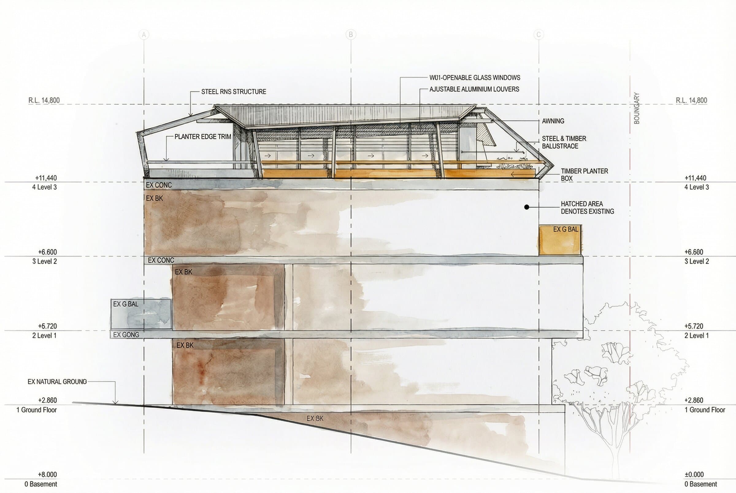 Cross-section through the existing building showing the proposed rooftop extension with steel thin structure, operable glass windows, and adjustable aluminium louvres
