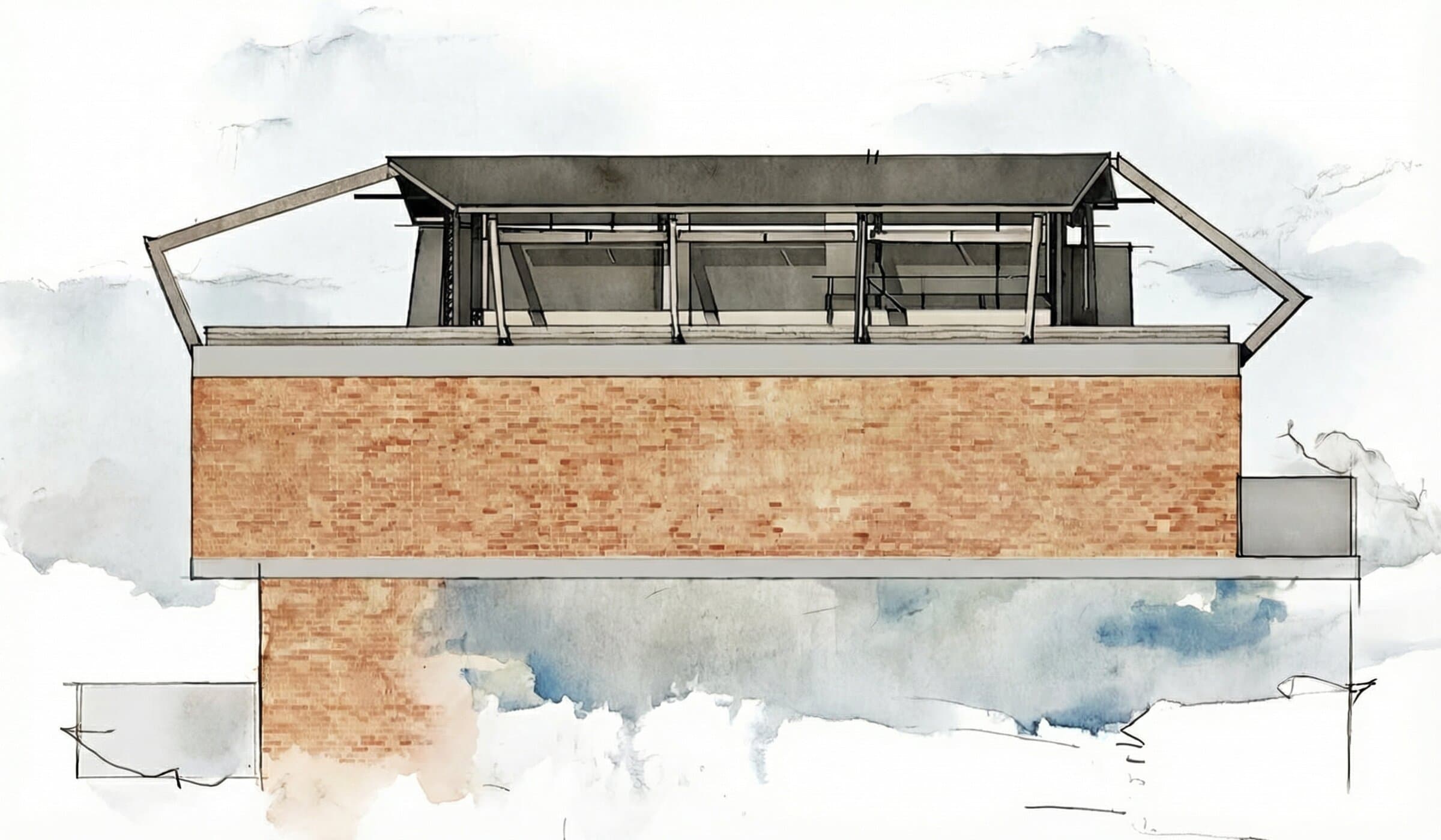 Front elevation showing the approved rooftop extension above the existing brick facade, sculptural folding roof planes