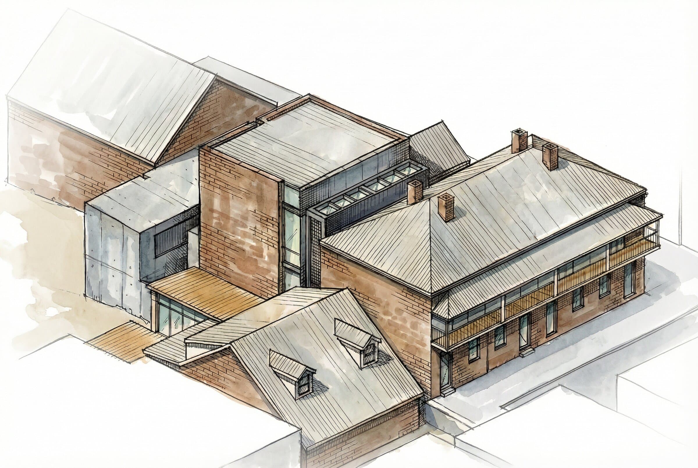 Aerial perspective showing the original terrace rooflines from the street with modern rear extensions visible behind