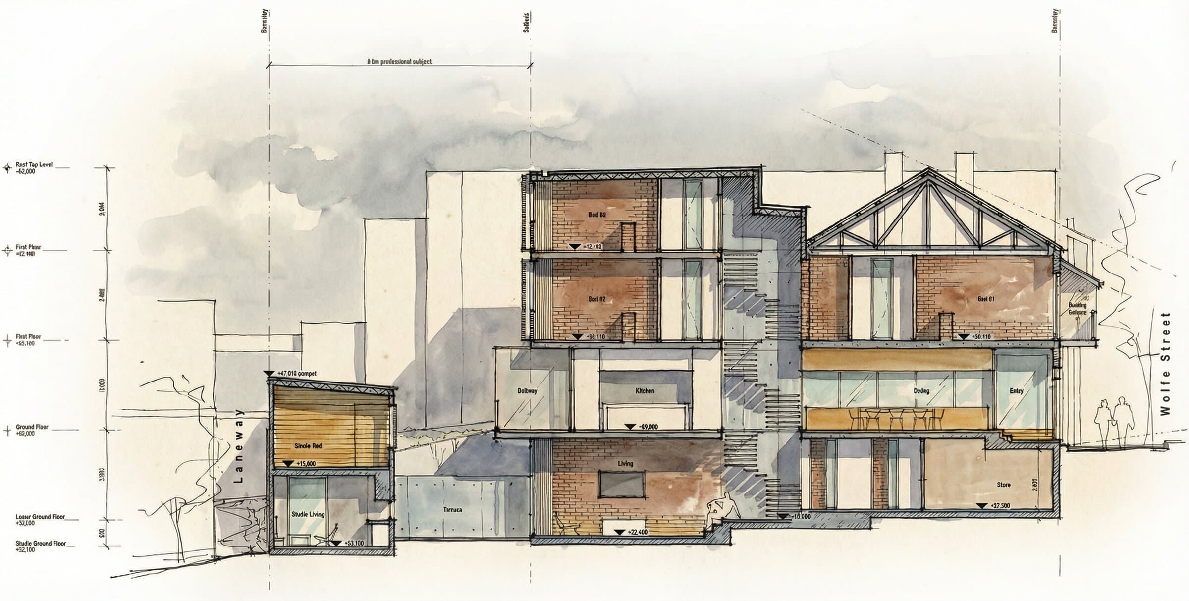 Full building cross-section showing all levels from laneway studio through basement, ground, first and second floors to the original terrace roof, with the interstitial stairwell zone clearly visible between old and new