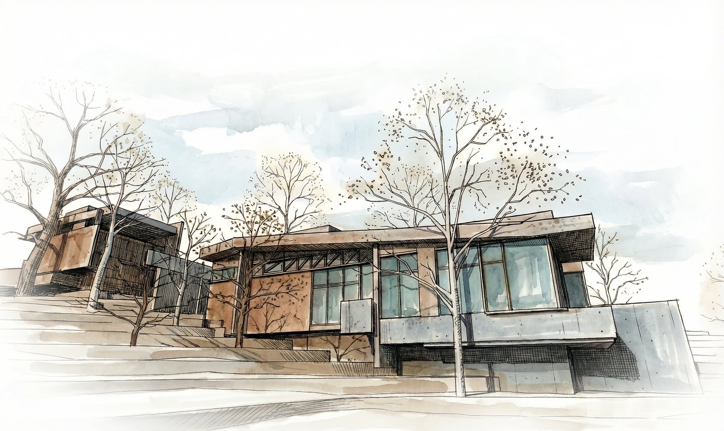 The main residence seen from a distance, its low horizontal form sitting among the trees with generous glazing and overhanging roofline