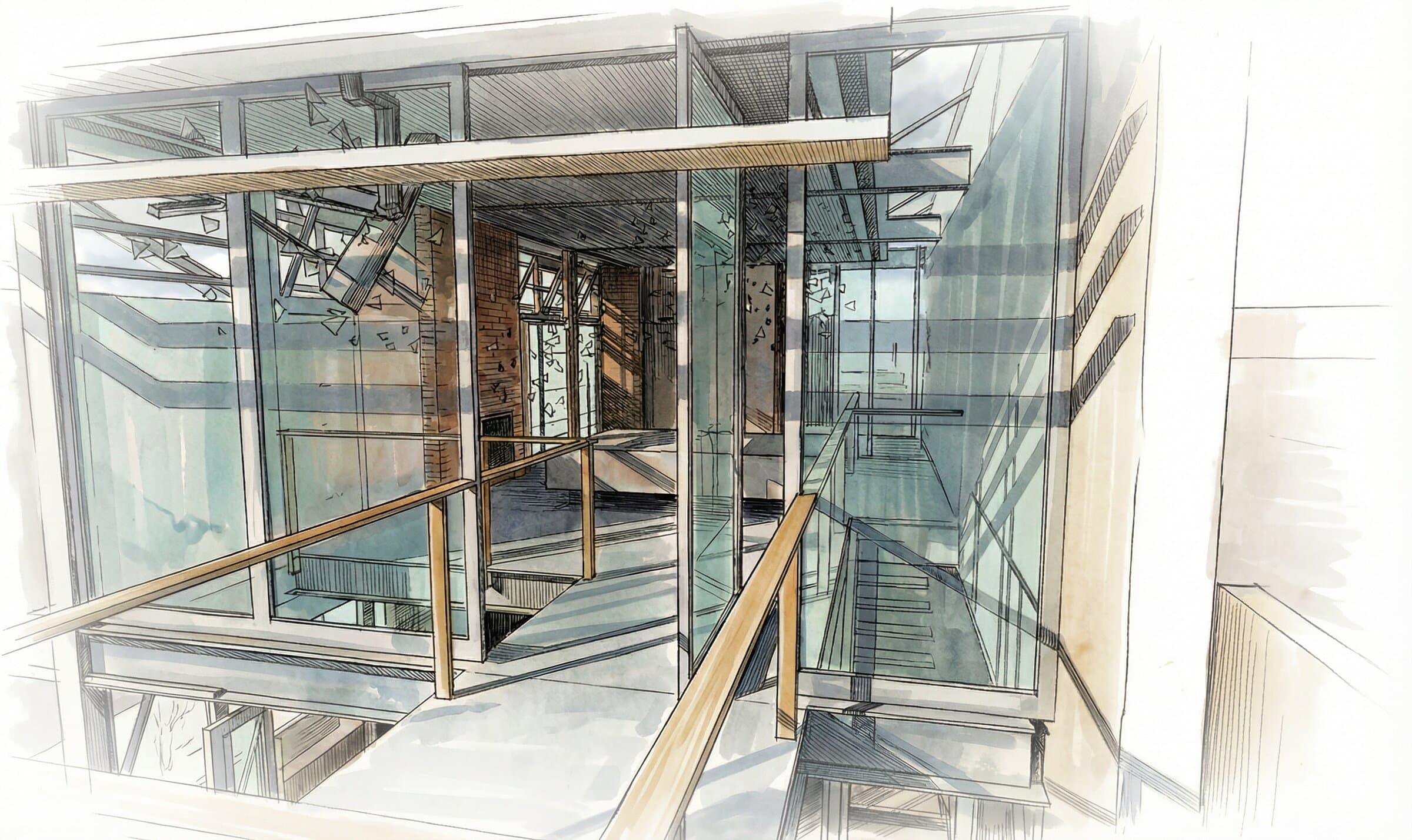 Interior of the studio mezzanine level looking through glass walls and steel structure into the double-height space below