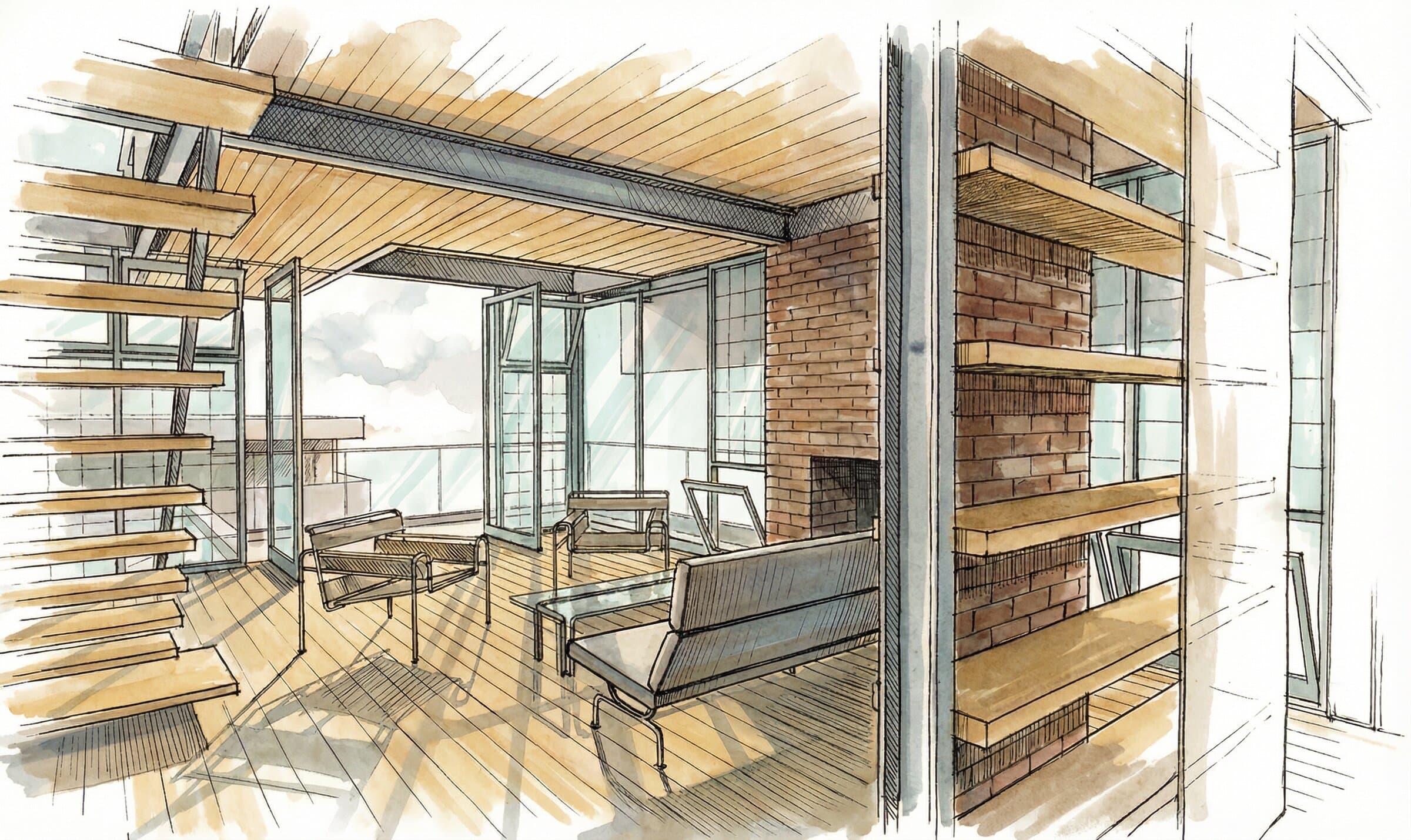 Interior of the main living space with brick feature fireplace, timber floating staircase, warm timber floors, and full-height glazing opening to the surrounding bush
